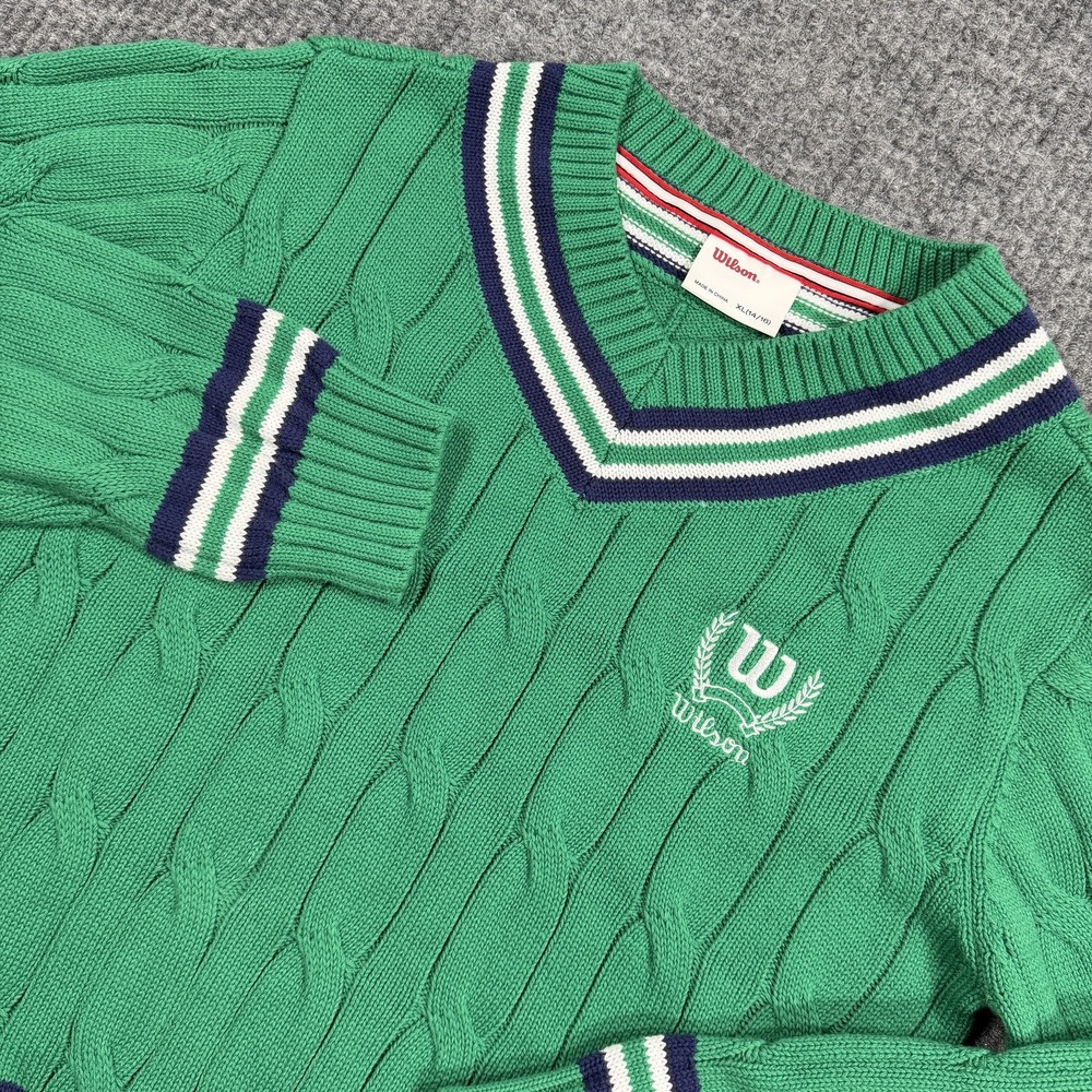 Wilson Sweater Kids XL 14/16 Green Cable Knit V-Neck Tennis Pullover Logo